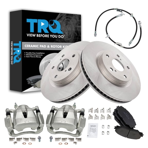TRQ Front Brake Pad and Rotor Set Ceramic Calipers Hoses Japan Build Fits 2016-2019 Toyota Mirai 2006-2018 RAV4