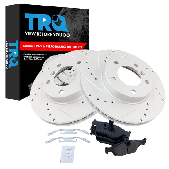 TRQ Front Brake Pad and Rotor Set Ceramic Drilled Slotted G Coated Rotors Fits 2000 BMW 323Ci 1998-2000 323i 1998 328i 1998-2000 Z3