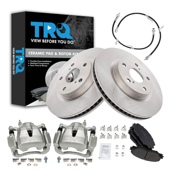 TRQ Front Brake Pad and Rotor Set Ceramic Rotors Calipers Hoses Fits 2011-2016 Scion tC 2016 iM 2017-2018 Toyota Corolla iM