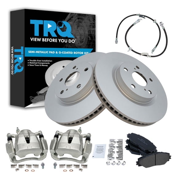 TRQ Front Brake Pad and Rotor Set Semi Metallic G Coated Rotors Calipers Fits 2016-2019 Toyota Mirai 2006-2018 RAV4 Japan Built