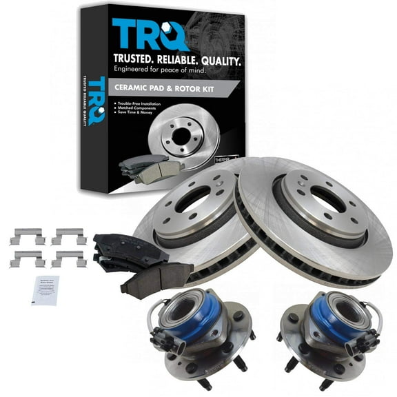 TRQ Front Brake Rotor Ceramic Pad & Wheel Hub Bearing Kit w/Fluids for Uplander BKA16214 Fits select: 2006-2008 CHEVROLET UPLANDER, 2006 PONTIAC MONTANA