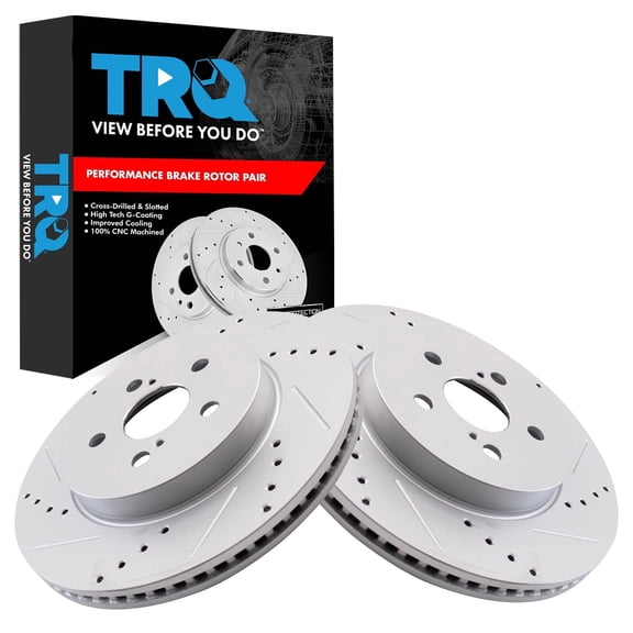 TRQ Front Brake Rotor Set G Coated Drilled and Slotted Vented Fits 2019-2024 Toyota Corolla 2019-2022 Prius Prime