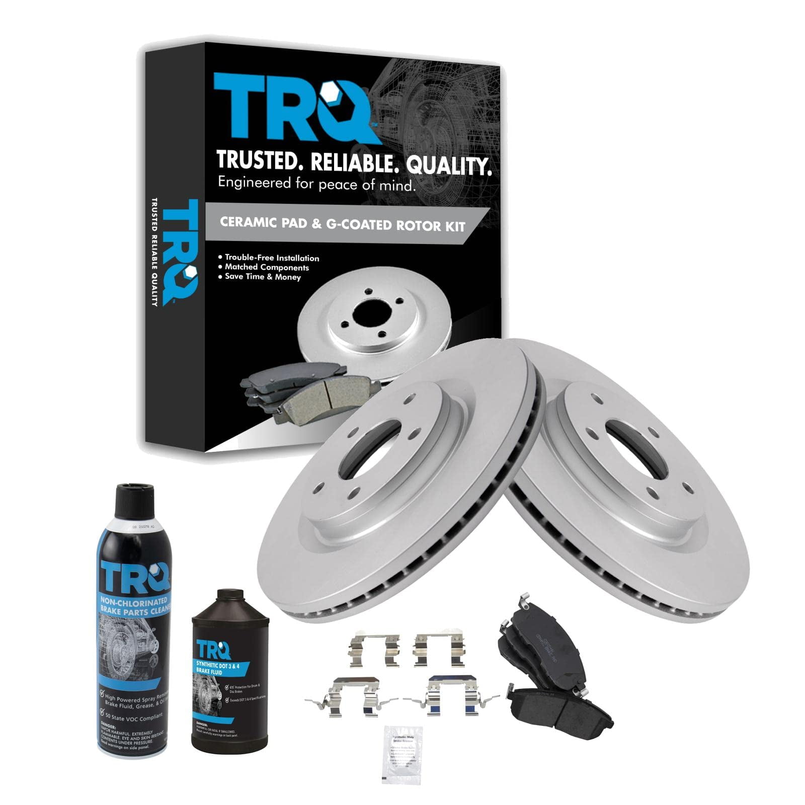TRQ Front Ceramic Brake Pad Coated Rotor & Caliper Kit w/Fluids for