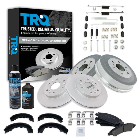 TRQ Front Ceramic Brake Pad Coated Rotor Rear Drum Shoe & Hardware Kit w/Fluids BKA23644