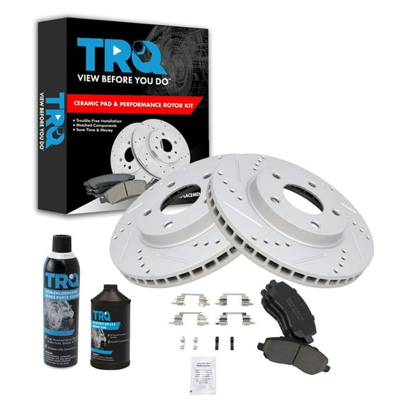 TRQ Front Ceramic Brake Pad & Performance Coated Rotor Kit w/Chemicals BKA18274 Fits select: 2007-2012 DODGE CALIBER, 2008-2016 MITSUBISHI LANCER