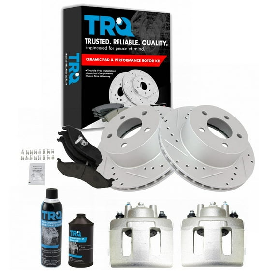 TRQ Front Ceramic Brake Pad Performance Rotor & Caliper Kit w/Chemicals BKA18289 Fits select: 1997-1999 JEEP WRANGLER / TJ, 1990-1995 JEEP WRANGLER / YJ