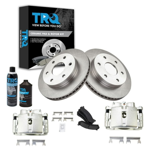 TRQ Front Ceramic Brake Pad Rotor & Calipers Kit w/Chemicals for GM Truck BKA17657 Fits select: 1999-2003,2005-2007 CHEVROLET SILVERADO