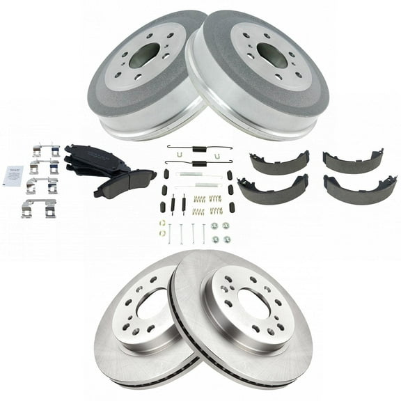 TRQ Front Ceramic Brake Pad Rotor Rear Drum Shoe & Hardware Kit w/Chemicals BKA19982