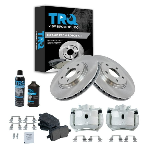 TRQ Front Ceramic Disc Brake Pad Rotor & Calipers Kit w/Chemicals BKA15436