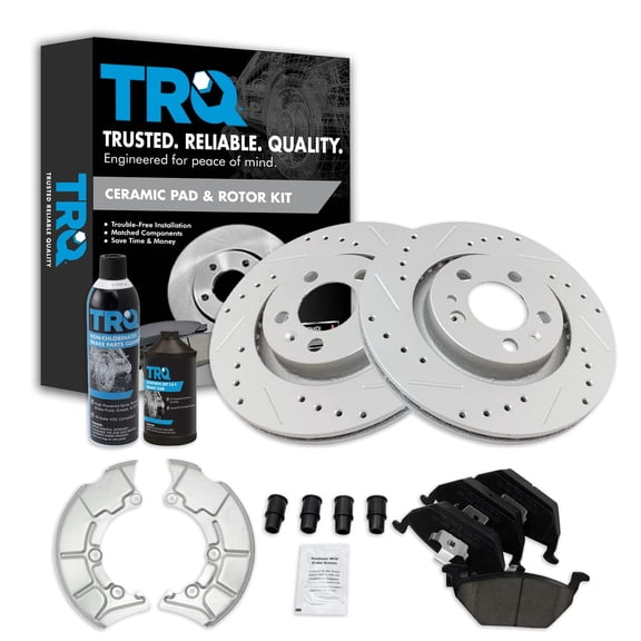 TRQ Front Ceramic Pad Performance Rotor Dust Shields & Fluids Kit for Golf Jetta BKA21814 Fits select: 2000-2005 VOLKSWAGEN JETTA, 2000-2006 VOLKSWAGEN NEW BEETLE