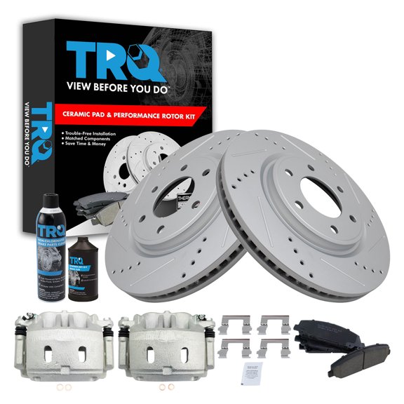 TRQ Front Performance Brake Pad & Rotor Kit Brake Caliper Brake Chemical Kit Brake Pads Brake Rotors Set Ceramic Premium G-Coated Fits 2008-2010 INFINITI QX56 2008-2011 Nissan Armada TITAN