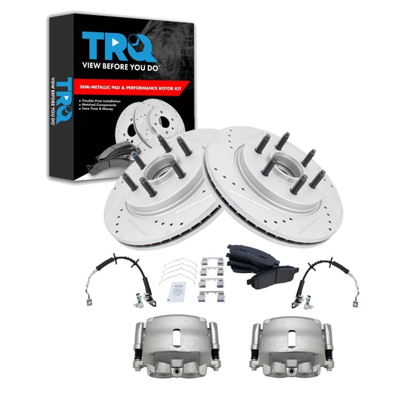TRQ Front Performance Brake Pad & Rotor Kit Brake Caliper Brake Hose Brake Pads Brake Rotor Semi-Metallic Premium G-Coated Fits Select 2005-2008 Ford F-150 2006-2008 Lincoln Mark LT