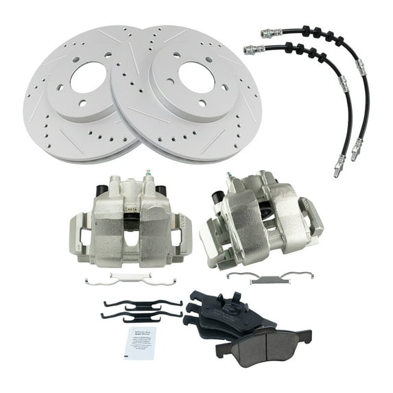 TRQ Front Performance Brake Pad & Rotor Kit Brake Caliper Brake Hose Brake Pads Brake Rotors Set Ceramic Premium G-Coated Fits Select 2008-2009 Ford Escape Mazda Tribute Mercury Mariner