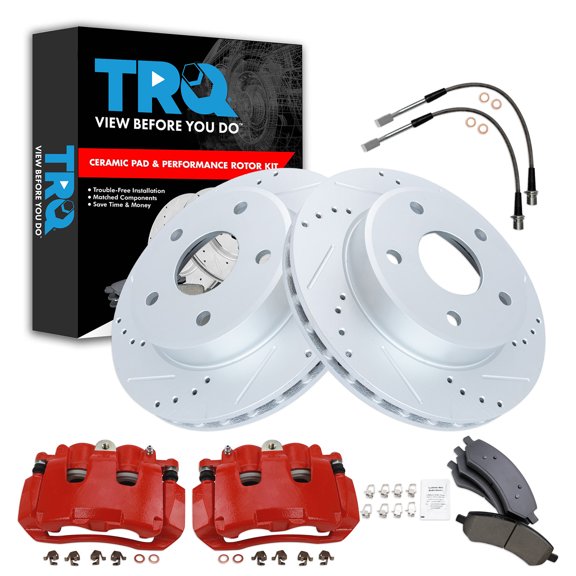 TRQ Front Performance Brake Pad & Rotor Kit Brake Caliper Brake Hose Brake Pads Brake Rotors Set Ceramic Premium G-Coated Red Fits 2009-2010 Dodge Dakota 2011 Ram