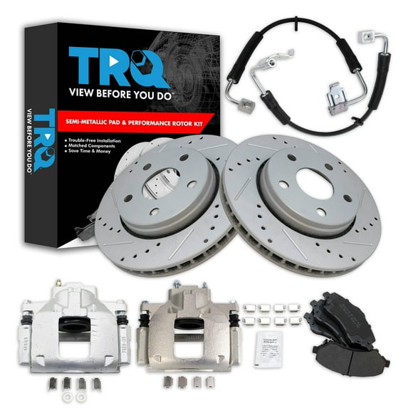 TRQ Front Performance Brake Pad & Rotor Kit Brake Caliper Brake Hose Brake Pads Brake Rotors Set Semi-Metallic Premium G-Coated Fits Select 2008-2010 Jeep Wrangler