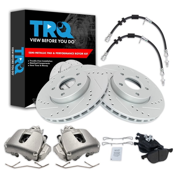 TRQ Front Performance Brake Pad & Rotor Kit Brake Caliper Brake Hose Brake Pads Brake Rotors Set Semi-Metallic Premium G-Coated Fits Select 2013-2018 Ford C-Max 2012-2016 Focus