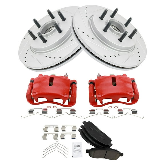 TRQ Front Performance Brake Pad & Rotor Kit Brake Caliper Brake Pads Brake Rotor Ceramic Premium G-Coated Red Fits Select 2005-2008 Ford F-150 2006-2008 Lincoln Mark LT