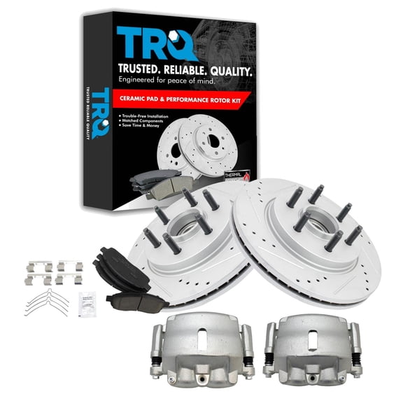 TRQ Front Performance Brake Pad & Rotor Kit Brake Caliper Brake Pads Brake Rotor Ceramic Vented Premium G-Coated Fits Select 2005-2008 Ford F-150 2006-2008 Lincoln Mark LT