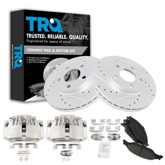 TRQ Front Performance Brake Pad & Rotor Kit Brake Caliper Brake Pads Brake Rotors Set Ceramic Premium G-Coated Fits Select 1999-2002 Ford Mustang