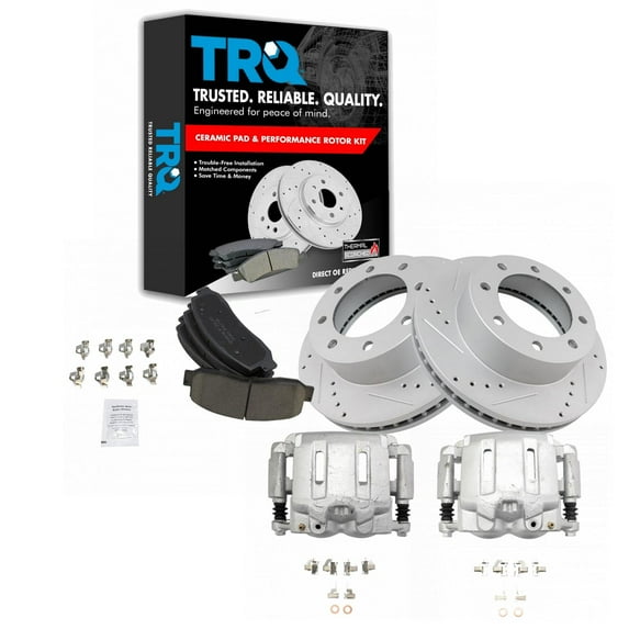 TRQ Front Performance Brake Pad & Rotor Kit Brake Caliper Brake Pads Brake Rotors Set Ceramic Premium G-Coated Fits Select 2005-2012 Ford F-250 Super Duty F-350 Super Duty