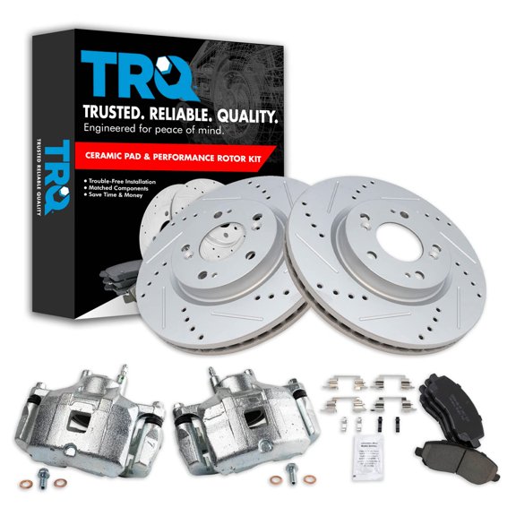 TRQ Front Performance Brake Pad & Rotor Kit Brake Caliper Brake Pads Brake Rotors Set Ceramic Premium G-Coated Fits Select 2008-2011 Mitsubishi Lancer 2007-2017 Outlander 2011-2016 Outlander Sport