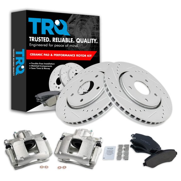 TRQ Front Performance Brake Pad & Rotor Kit Brake Caliper Brake Pads Brake Rotors Set Ceramic Premium G-Coated Fits Select 2009-2013 Dodge Journey