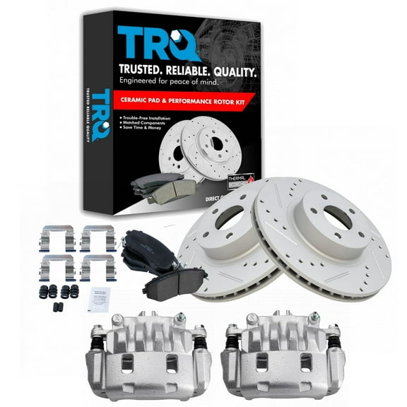 TRQ Front Performance Brake Pad & Rotor Kit Brake Caliper Brake Pads Brake Rotors Set Ceramic Premium G-Coated Fits Select 2011-2014 Subaru Impreza
