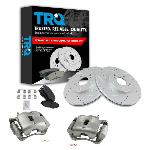 TRQ Front Performance Brake Pad & Rotor Kit Brake Caliper Brake Pads Brake Rotors Set Ceramic Vented Premium G-Coated Fits Select 2003-2008 Honda Pilot
