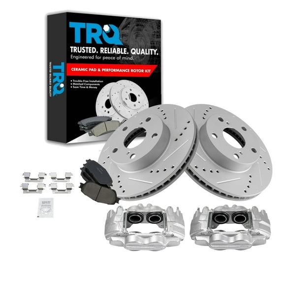 TRQ Front Performance Brake Pad & Rotor Kit Brake Caliper Brake Pads Brake Rotors Set Ceramic Vented Premium G-Coated Fits Select 2005-2015 Toyota Tacoma