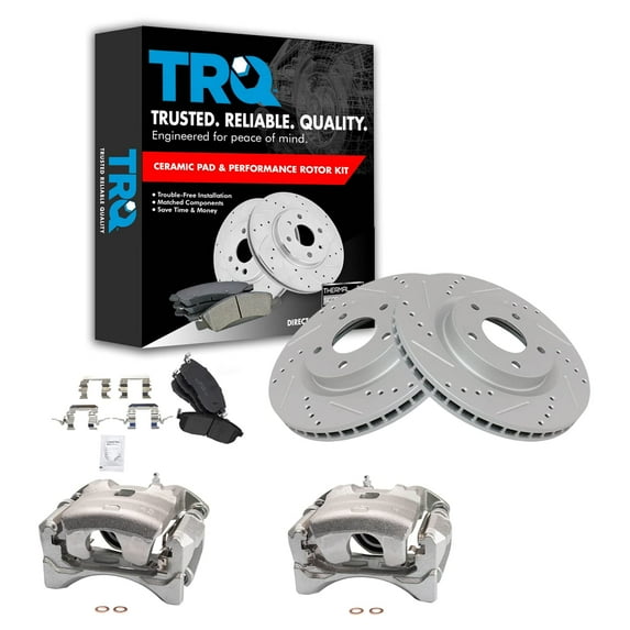TRQ Front Performance Brake Pad & Rotor Kit Brake Caliper Brake Pads Brake Rotors Set Ceramic Vented Premium G-Coated Fits Select 2011-2012 Nissan Sentra