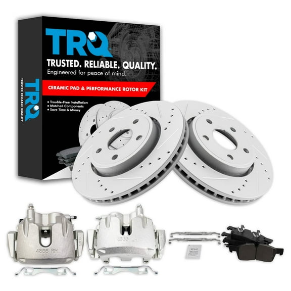 TRQ Front Performance Brake Pad & Rotor Kit Brake Caliper Brake Pads Brake Rotors Set Ceramic Vented Premium G-Coated Fits Select 2012-2019 Dodge Durango Jeep Grand Cherokee