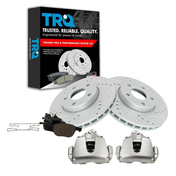 TRQ Front Performance Brake Pad & Rotor Kit Brake Caliper Brake Pads Brake Rotors Set Ceramic Vented Premium G-Coated Fits Select 2014-2018 Ford C-Max 2012-2016 Focus