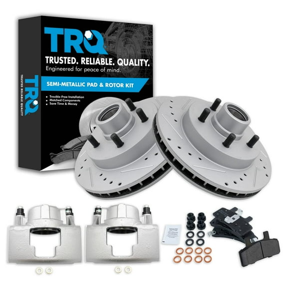TRQ Front Performance Brake Pad & Rotor Kit Brake Caliper Brake Pads Brake Rotors Set Semi-Metallic Premium G-Coated Fits Select 1992-1999 Chevrolet C1500 Suburban 1995-1997 Tahoe GMC Yukon