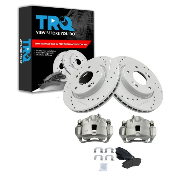 TRQ Front Performance Brake Pad & Rotor Kit Brake Caliper Brake Pads Brake Rotors Set Semi-Metallic Premium G-Coated Fits Select 2007-2010 Hyundai Elantra