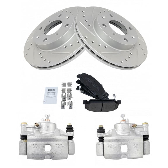 TRQ Front Performance Brake Pad & Rotor Kit Brake Caliper Brake Pads Brake Rotors Set Semi-Metallic Vented Premium G-Coated Fits Select 1990-2000 Honda Civic 1993-1997 Civic del Sol 1990-1991 CRX