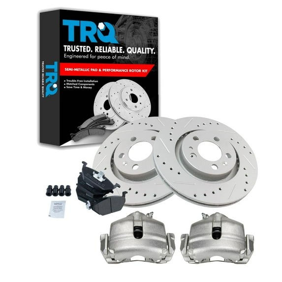 TRQ Front Performance Brake Pad & Rotor Kit Brake Caliper Brake Pads Brake Rotors Set Semi-Metallic Vented Premium G-Coated Fits Select 2005 Volkswagen Jetta