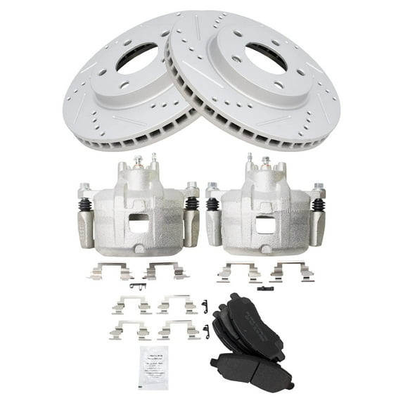 TRQ Front Performance Brake Pad & Rotor Kit Brake Caliper Brake Pads Brake Rotors Set Semi-Metallic Vented Premium G-Coated Fits Select 2007-2012 Dodge Caliber