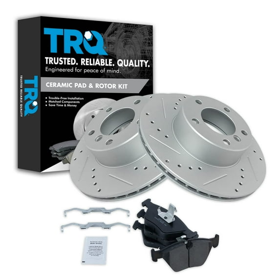 TRQ Front Performance Brake Pad & Rotor Kit Brake Pads Brake Rotors Set Ceramic Premium G-Coated Fits Select 2001-2003 BMW 525i 1997-2000 528i