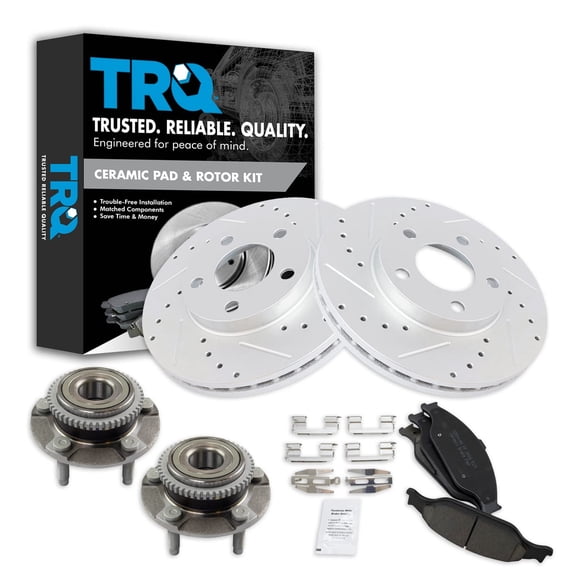 TRQ Front Performance Brake Pad & Rotor Kit Brake Pads Brake Rotors Set Wheel Hub Bearing Assembly Ceramic Premium G-Coated Fits Select 1999-2004 Ford Mustang