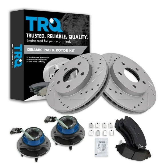TRQ Front Performance Brake Pad & Rotor Kit Brake Pads Brake Rotors Set Wheel Hub Bearing Assembly Ceramic Premium G-Coated Fits Select 2002-2007 Buick Rendezvous 2001-2005 Pontiac Aztek