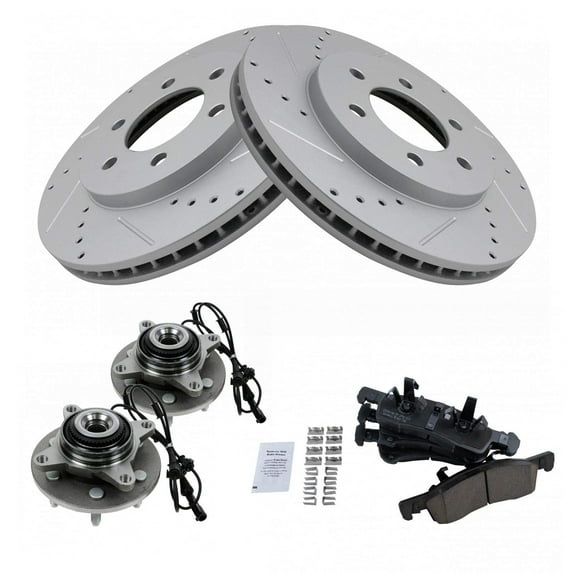 TRQ Front Performance Brake Pad & Rotor Kit Brake Pads Brake Rotors Set Wheel Hub Bearing Assembly Ceramic Premium G-Coated Fits Select 2003-2006 Ford Expedition Lincoln Navigator