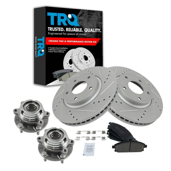 TRQ Front Performance Brake Pad & Rotor Kit Brake Pads Brake Rotors Set Wheel Hub Bearing Assembly Ceramic Premium G-Coated Fits Select 2004-2009 Nissan Quest