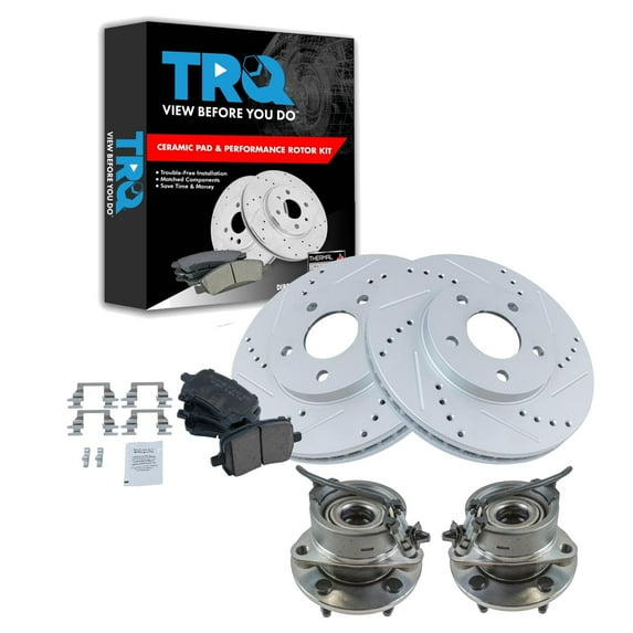 TRQ Front Performance Brake Pad & Rotor Kit Brake Pads Brake Rotors Set Wheel Hub Bearing Assembly Ceramic Premium G-Coated Fits Select 2006-2011 Chevrolet HHR
