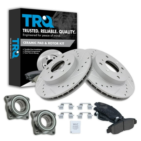TRQ Front Performance Brake Pad & Rotor Kit Brake Pads Brake Rotors Set Wheel Hub Bearing Module Ceramic Premium G-Coated Fits Select 1998-1999 Acura CL