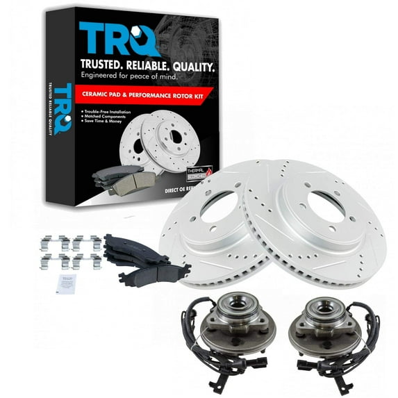 TRQ Front Performance Drilled Slotted Brake Rotor, Ceramic Pad & Wheel Bearing Kit