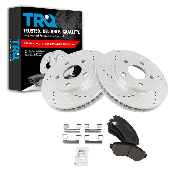 TRQ Performance Front Brake Pad and Rotor Set Ceramic Coated Drilled Slotted Fits 1997-2005 Buick Century Chevrolet Venture Pontiac Montana 1997-2004 Oldsmobile Silhouette