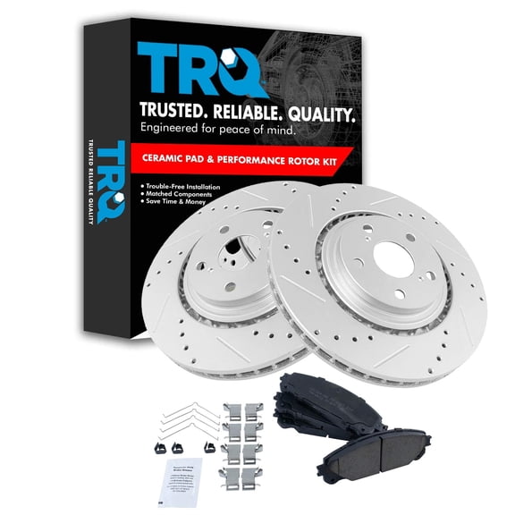 TRQ Front Posi Ceramic Disc Brake Pads & Performance Drilled Slotted Coated Rotors