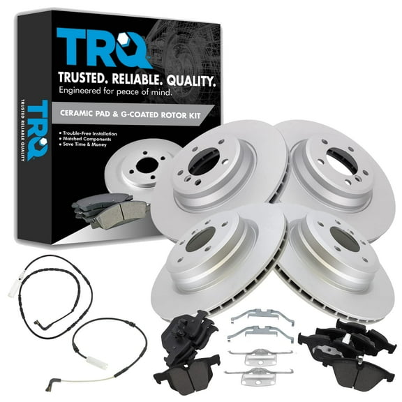 TRQ Front and Rear Brake Pad & Rotor Kit Brake Pad Wear Sensor Brake Pads Brake Rotor Ceramic Premium G-Coated Fits Select 2009-2010 BMW 335d 2007-2010 335i 2010-2013 335i xDrive