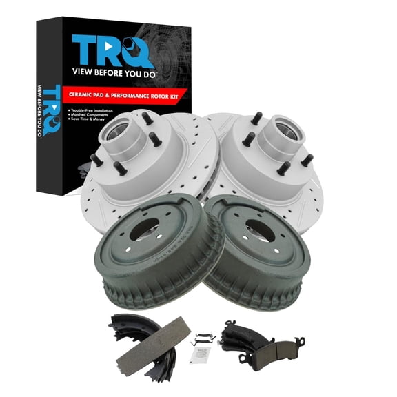 TRQ Front & Rear Brake Pad & Rotor Kit Premium G-Coated Ceramic Performance Slotted X Drilled Fits 75 Apollo 70-74 Camaro 71 G10 Van 74 Omega Skylark Ventura