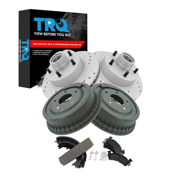 TRQ Front & Rear Brake Pad & Rotor Kit Premium G-Coated Semi-Metallic Performance Fits 75 Buick Apollo Skylark 70-74 Chevrolet Camaro 71 G10 Van 74 Oldsmobile Omega Pontiac Ventura